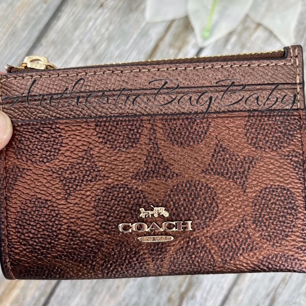 Coach Mini Skinny Keychain Id Case In Signature Canvas & Copper Metallic Wallet - Picture 2 of 6